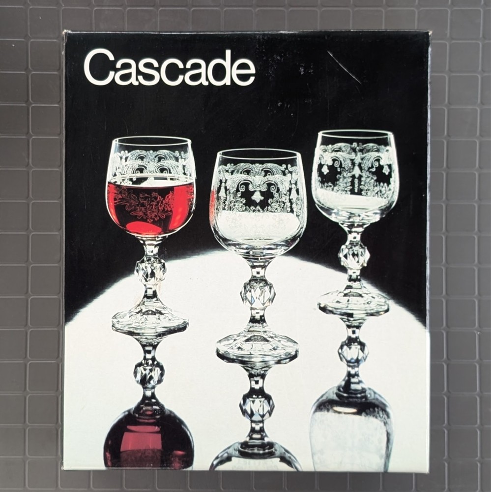 Vintage NIB: Six (6) Fine Crystal WINE GLASSES; CASCADE Bohemia Czechoslovakia