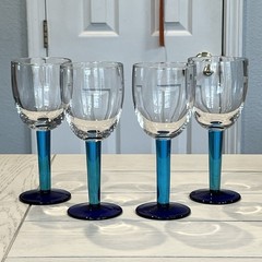 4 Vtg Teal Cobalt Blue Thick Stem Clear Bowl Blown Glass Wine Water Goblet Glass