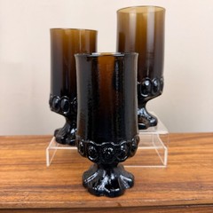 Tiffin Franciscan Madeira Amber Brown Smoke Glass Footed Tumbler Set of 3 Vtg