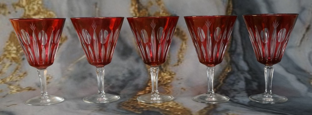 5 Vintage Cristallerie Artistiche Cut to Clear Cranberry Italian Wine Goblets