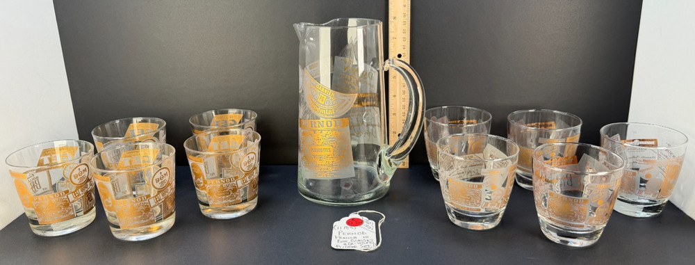 (CG-968) Vintage Pernod French Barware 11pc Pitcher 10 Mixed Glasses