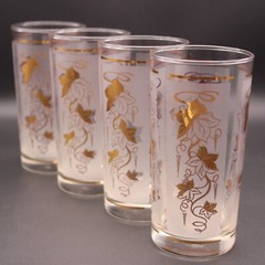 Set of 4 Vintage Libbey 22K Gold Ivy Leaf Frosted Glasses Mid Century Tumblers