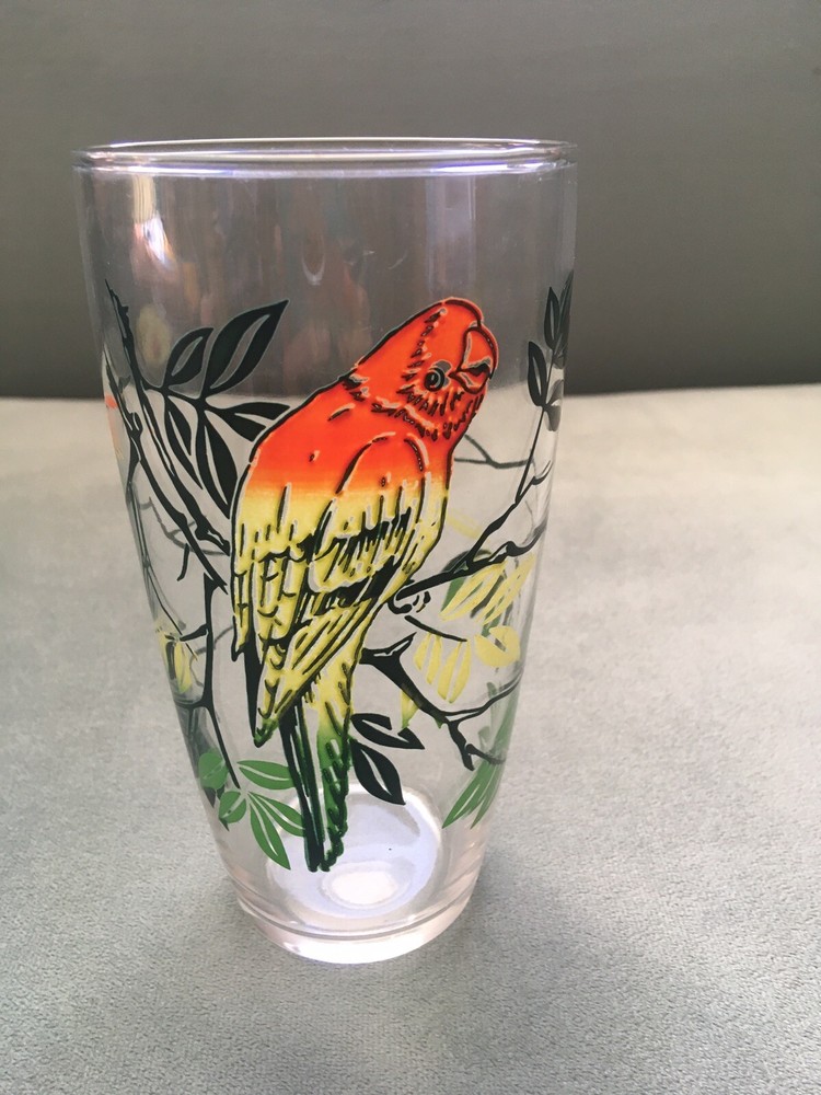 Vintage Parakeet Green, Orange & Yellow Graphic Print Mid Century Drinking Glass