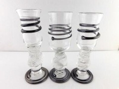 Set of 3 Signed Art Glass Goblets Clear and Black Coiled Stemware