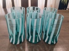 Set of 6 Alessandro Coppola Teal & White Striped Glass Tumblers Made in Italy