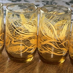 Vintage MCM Anchor Hocking Juice Glasses Autumn Harvest Amber Wheat 4” Tall