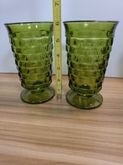 Vtg Indiana Whitehall Colony Cubist Footed Glasses Avocado Green Set of 2