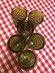 Indiana Glass Whitehall Avocado Green Cubist 6″ Footed Tumbler LOT 6 VTG MCM