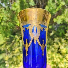 Interglass Italy Royal Blue 24K Gold Crystal Champagne Flutes Set of 6 Glasses