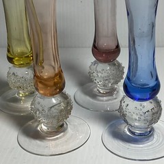 Vintage Hand Blown Glass Multi-color Champagne Flutes w/Icy Ball Stems 2.5oz – 4