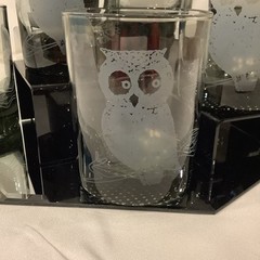 MCM Smoke Gray 4” On The Rocks Glass Owl on Branch w/Moon Stars – Set of 8