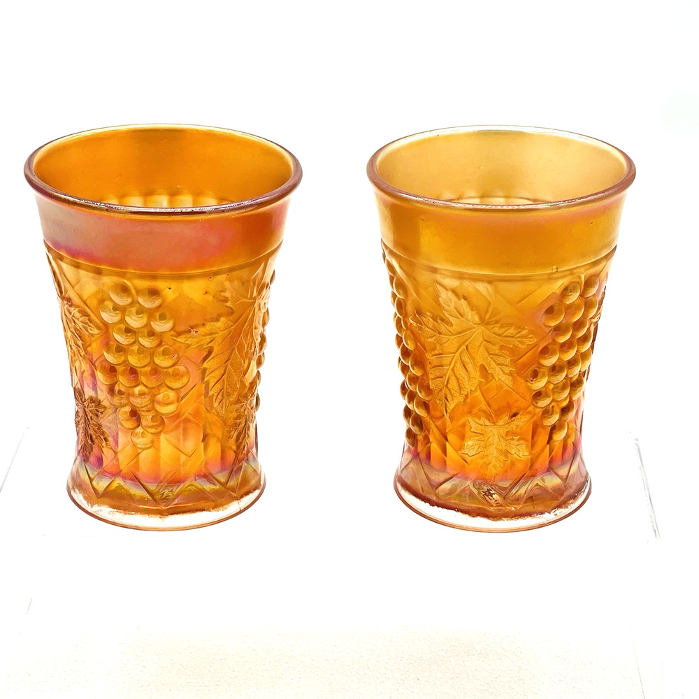 Antique Northwood Marigold Carnival Glass Grape Arbor Tumblers Set of 2 SIGNED