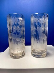 Set of 2 Rare Antique 1870’s Bohemian Deer Etched Engraved Beakers
