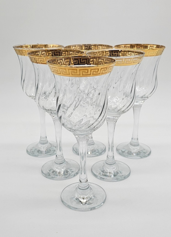 Murano J Preziosi Wine Glasses Swirl Optic 24K Gold Greek Key Rim Lot (6)
