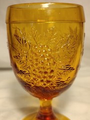 LE Smith Amber Glass Goblet Relief Vine And Grapes Scarce
