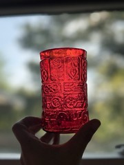 4 Bryce Hand Blown Glasses Red Flower #1325 Barware 1960s MCM UV GLOW