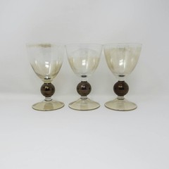 Set of 3 Vtg Krosno Poland Amber Bronze Ball Wine Glasses Water Goblets