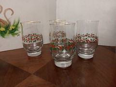 Vintage Libbey Holly Ribbon Glasses (4) Tumblers Tulip Shape Gold Bands