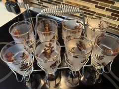 VTG 8 Libbey Gold Leaf Frosted 5″ Tumbler Glasses Service Set Carrier MCM