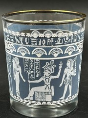 7 Vtg Hazel Atlas Blue & White Egyptian Hieroglyphs 3.5″ Low Highball Glasses