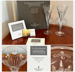 Waterford Crystal Millennium Love/Hearts Champagne Toasting Flutes Pair Rare