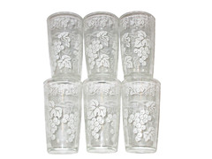 Vtg Hazel Atlas White Grape Vines Glasses Set 6 W/ Drink Caddy MCM Retro Barware