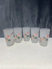 Vtg Hazel Atlas Frosted Hand-Painted Pink Flower Glasses ￼