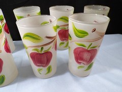 Set of 9 Clear Frosted Glass Tumblers w/ Apples Design Painted On Them 5 1/8″