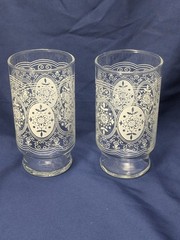 2 Vintage ANCHOR HOCKING Raised White Lace Filigree Floral Glass Glasses 5.25″