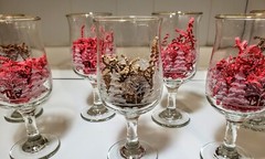 Beautiful Set of 7 VTG Gold-Trim Etched Frosted Christmas Wine Goblets – Gift!