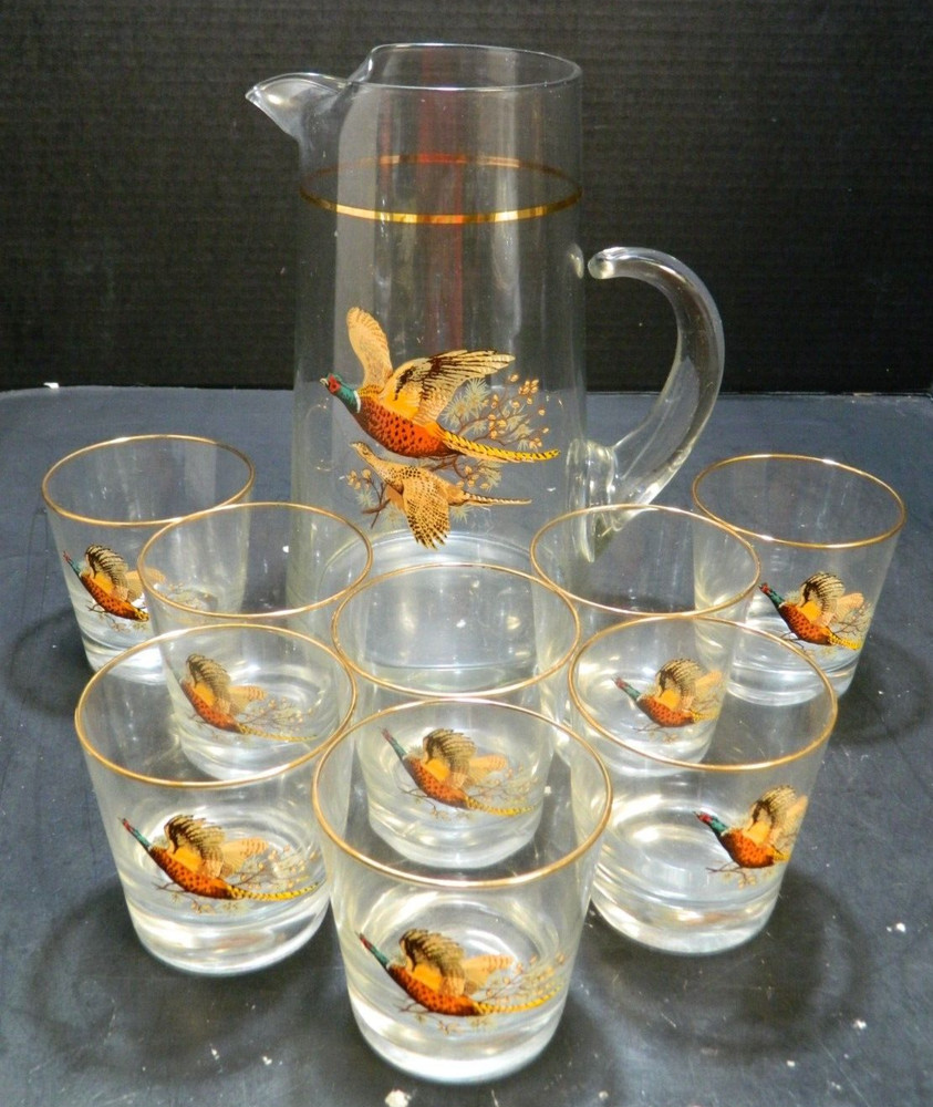 Vintage (9) Piece Virginia Glass Pheasant Old Fashioned Pitcher Set Excellent