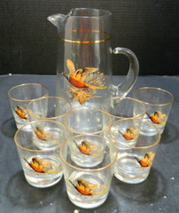 Vintage (9) Piece Virginia Glass Pheasant Old Fashioned Pitcher Set Excellent