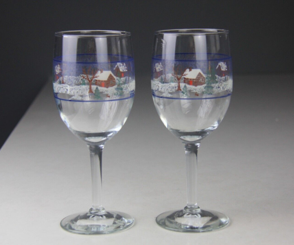 Set of 2 Libbey Glass Co Winter Village Country Snow Scene Water Goblets