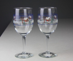 Set of 2 Libbey Glass Co Winter Village Country Snow Scene Water Goblets