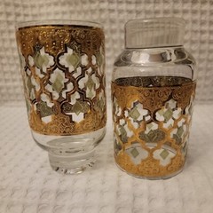 Vintage Four Culver Valencia Footed Highball Glass 24K Gold Green Diamond