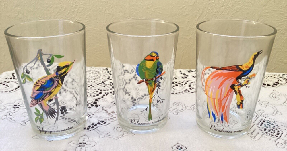 3 Vintage Tropical Bird Juice Drinking Glasses KIG Malaysia Hand Painted