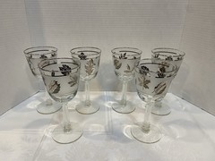 6 Vtg MCM Silver Rim Stemmed Frosted Wine Glasses Metallic Leaf Goblet 7.25″
