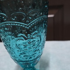 Pioneer Woman Blue Pressed Glass Decorated Goblet Glossy Round Drinkware