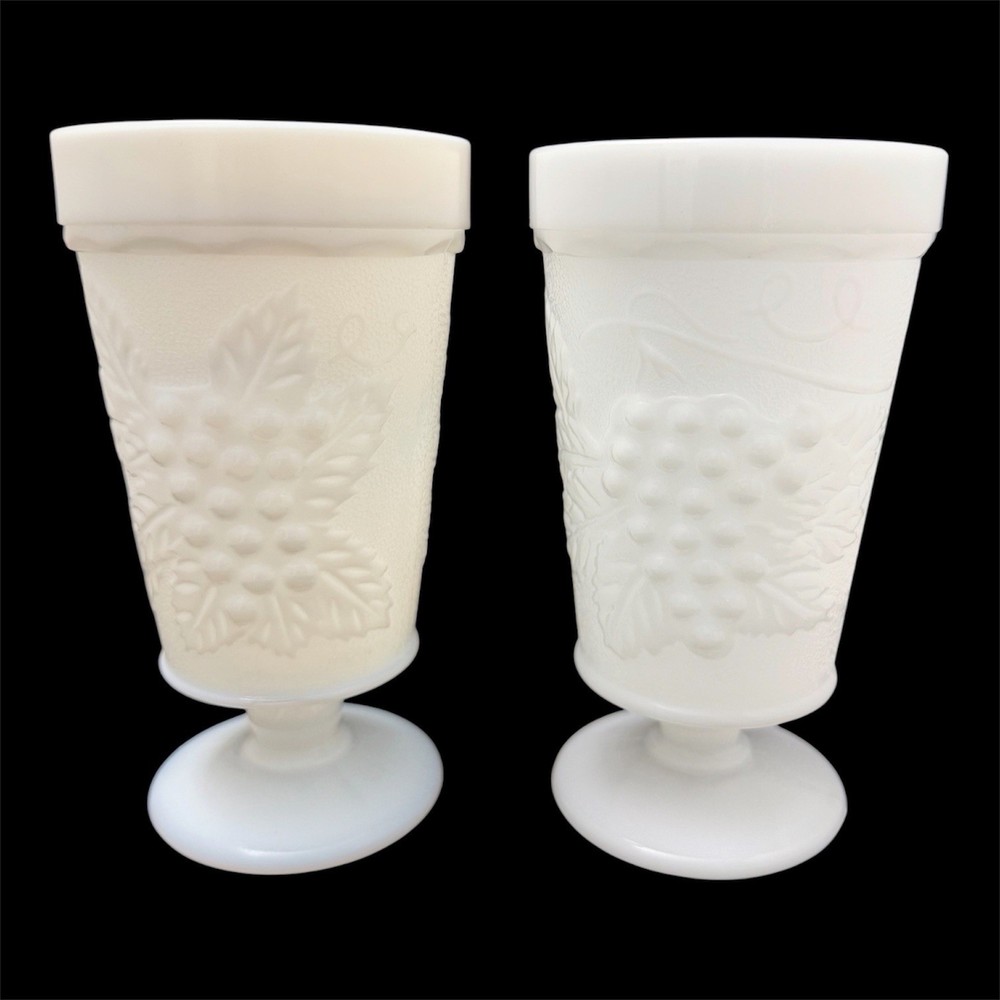 Set Of Two Anchor Hocking White Milk Glass Grape Pattern Footed Tumblers 5 3/4”