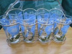 Vintage 8 Peanut Butter 5″ Glasses Blue White Morning Glory w Teakwood Carrier