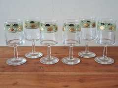 Vintage MCM Green and Gold Filigree Lace Stemmed Glassware Drinkware – Set of 6