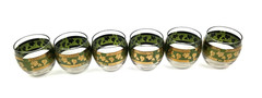 6 Vintage CERA Glass Clear Roly Poly 60’s Bar Glasses with 22K Gold & Green Trim