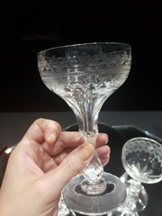 (3) Wine Cocktail Glasses crystal cut bubble stems needle etched Clover leaf