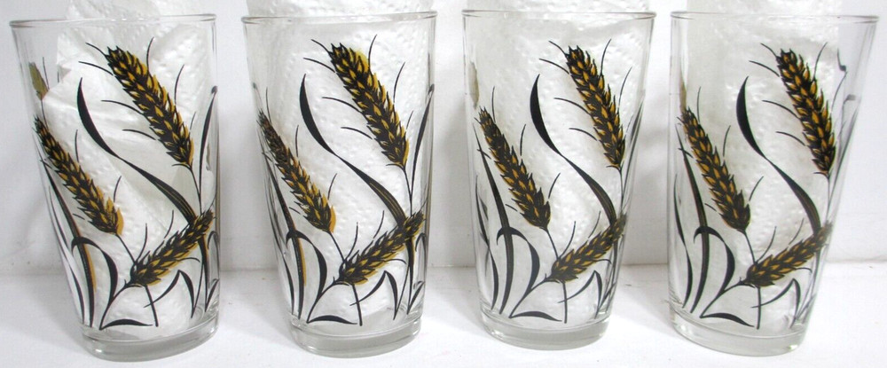Vintage Glass Tumblers SET OF 4 Wheat Golden Yellow & Black 5 1/8″ Tall