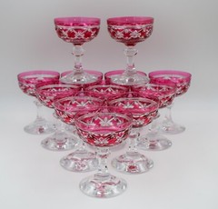 12 Val Saint Lambert Cranberry Cut to Clear Champagne Glasses/Coupes, Cathedral