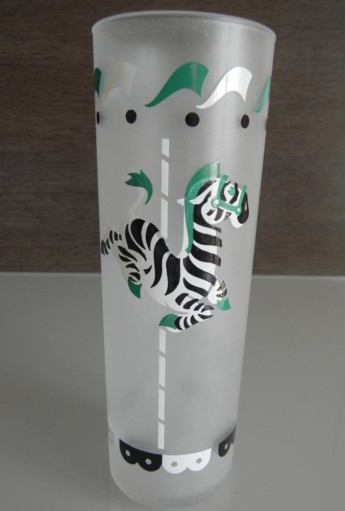 Vintage LIBBEY Frosted Circus Carousel Animal Tom Collins Glass 1950s MCM ZEBRA