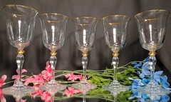 5 Gold Trimmed Optic Ripple Gold Lozenge Trumpet Wine Glasses Goblets Set