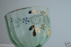 VINTAGE GREEN WINE GLASS/GOBLET GOLD RIMS HAND PAINTED/ENAMELED OPTIC SET OF 5