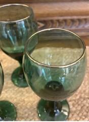 VTG Libby Juniper Green Water Wine Goblets Set Of 12 Glass Teardrop Gold Rim