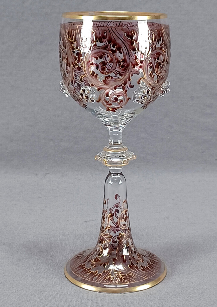 Bohemian Harrach Maroon & Gold Scrollwork Hock Wine Roemer Circa 1870-1900